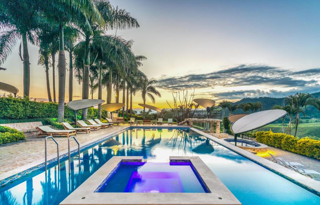 ein Pool mit Palmen und ein Resort in der Unterkunft Hotel Casa San Carlos Lodge Pereira in Pereira