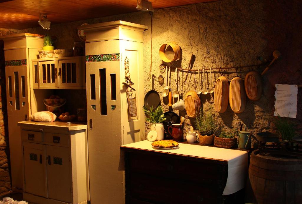 a kitchen with a refrigerator and a counter with utensils at Mníchov dvor in Slovenská ľupča