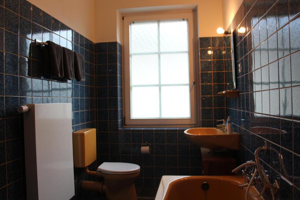 ザンクト・ゴアーにあるMusikalische Ferienwohnung mit Rheinblickのバスルーム(トイレ、洗面台付)、窓が備わります。