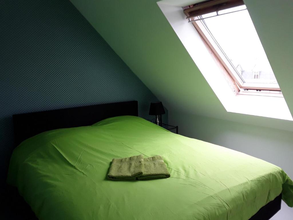 a bedroom with a green bed with a window at Discover in Ieper
