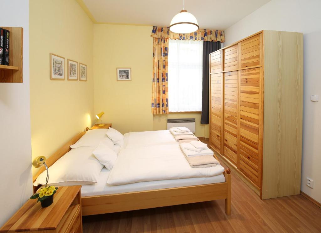 カルロヴィ・ヴァリにあるApartmán Ondřejskáのベッドルーム1室(ベッド1台付)、木製キャビネットが備わります。