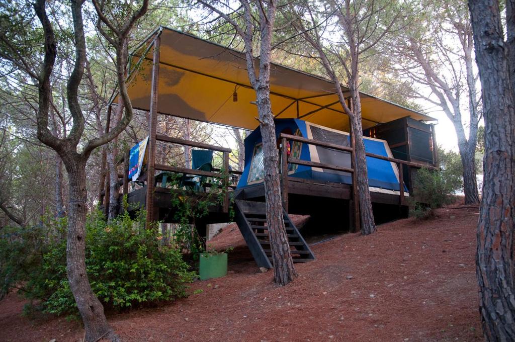 een huis met een tent midden tussen de bomen bij Amfibietreks in Siniscola