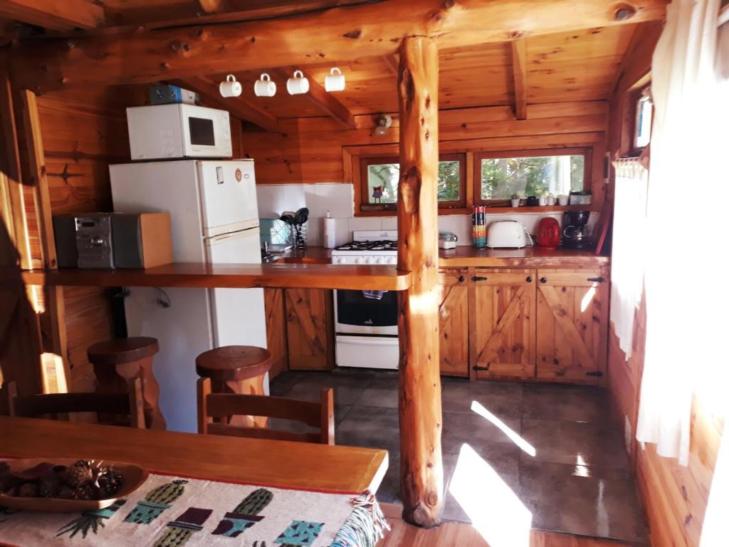 a kitchen in a log cabin with a stove and refrigerator at Cabaña Rincón de Manzano in Villa La Angostura