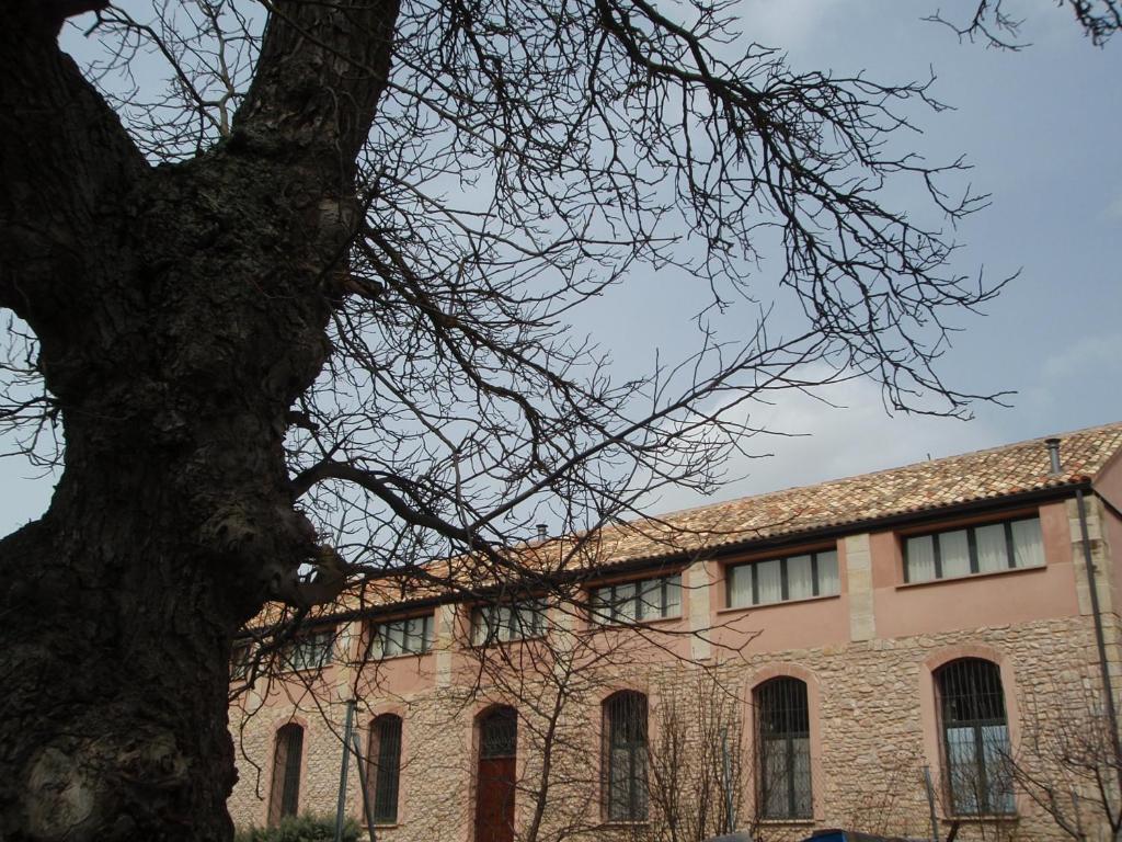 un grand bâtiment en briques avec un arbre devant lui dans l'établissement Alojamiento Rural Fuente Cancana, à Molina de Aragón