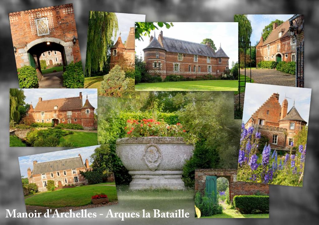 een collage van foto's van huizen en tuinen bij Auberge du Manoir d'Archelles in Arques-la-Bataille