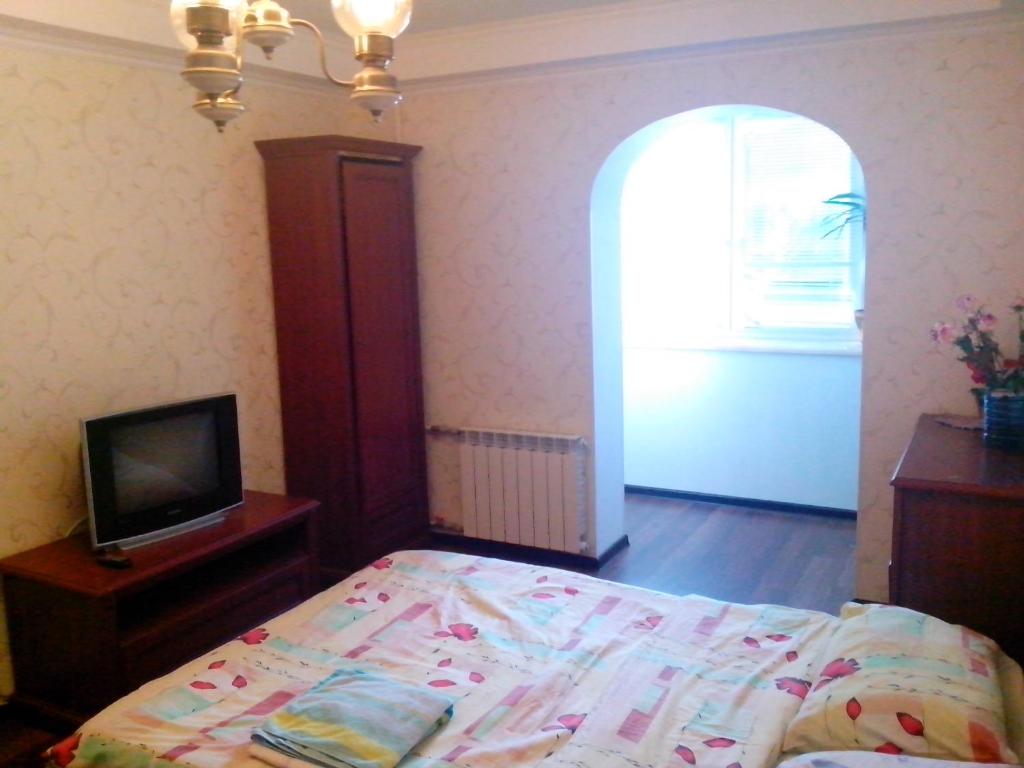 キーウにあるBeautiful and comfortable 2 rooms apartmentのベッドルーム(ベッド1台、テレビ、窓付)