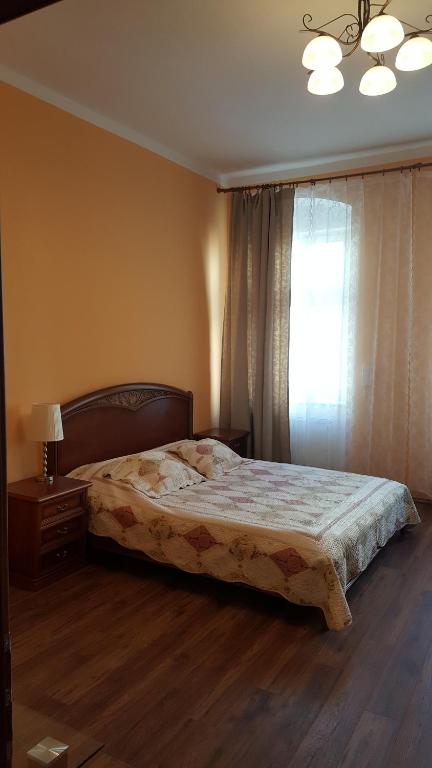 Un dormitorio con una cama grande y una ventana en Apartman v centru Karlovych Varu en Karlovy Vary