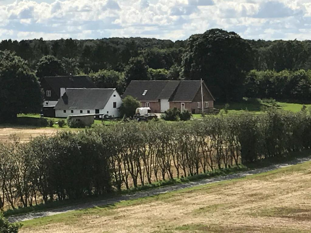 a farm with houses and a field of crops at Grethelund - 50m2 in Silkeborg