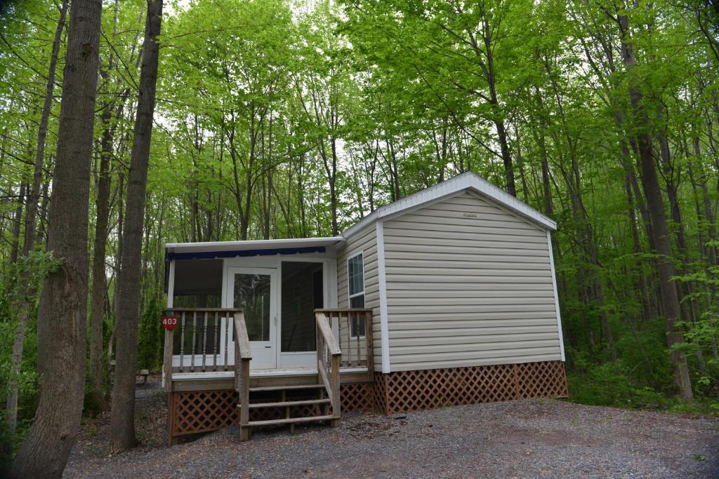 a small white cabin in the woods with trees at Appalachian Camping Resort Park Model 2 in Shartlesville