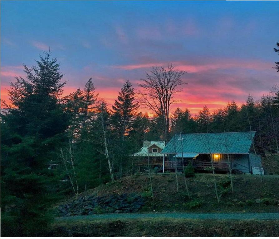 a house on a hill with a sunset in the background at Packwood Ski & Vacation Getaway in Packwood