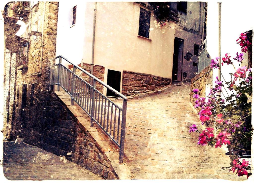 un callejón de piedra con flores al lado de un edificio en La Mia Casa Sulla Collina, en Valsinni
