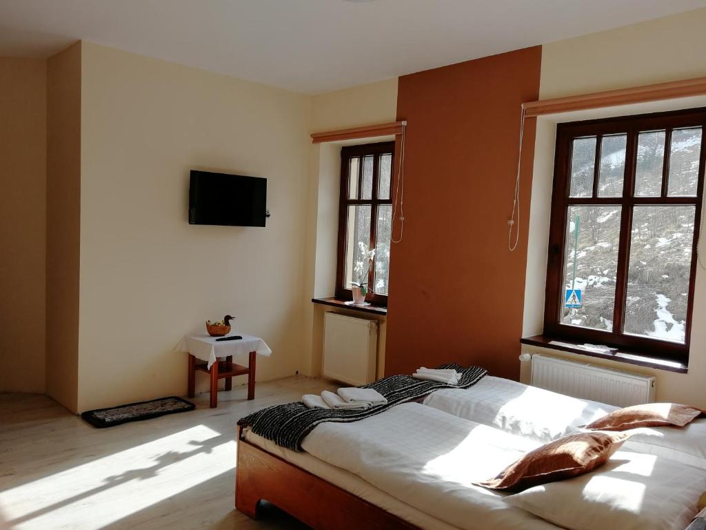 a bedroom with a bed and a tv and windows at Rezydencja Na Skrócie in Karpacz