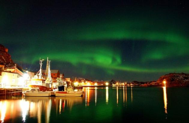 a group of boats docked in a harbor under the green northern lights at Lofoten Cabin and Kayak Rental in Stamsund