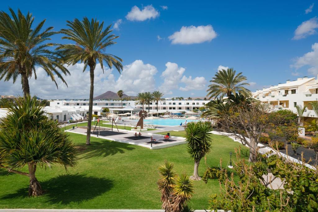 
a beach with palm trees and palm trees at Apartamentos Santa Rosa in Costa Teguise
