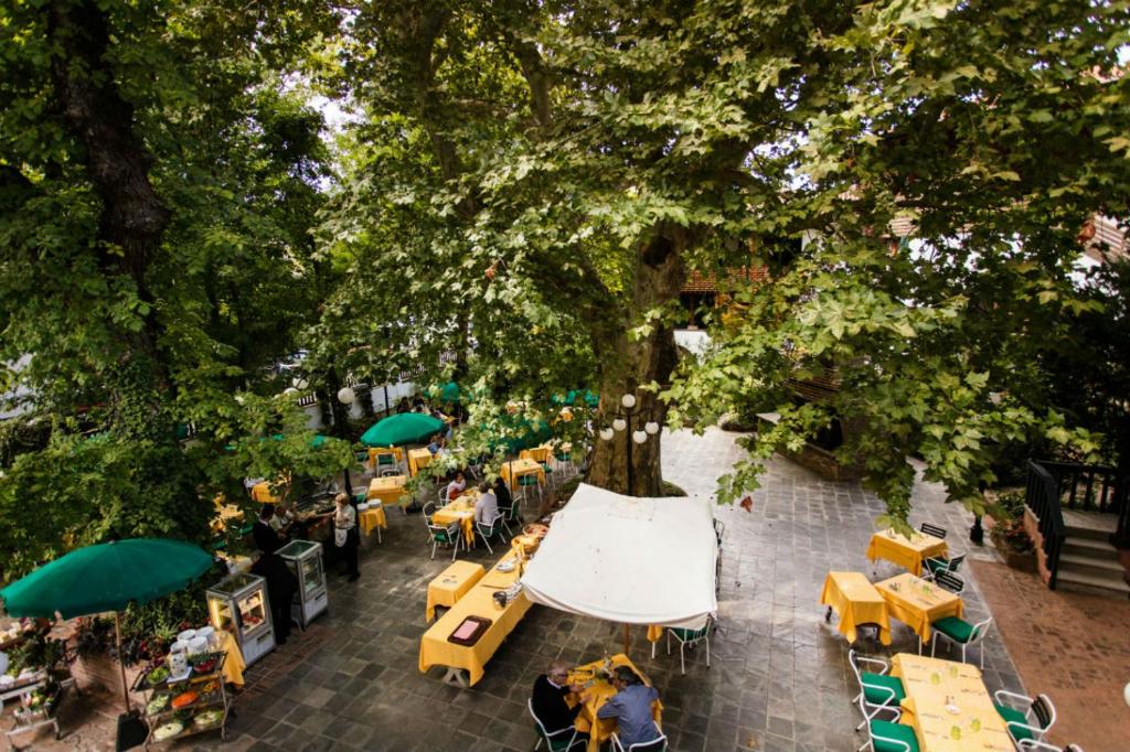 an overhead view of a patio with tables and umbrellas at Residenza d'Epoca Albergo Quattro Fontane in Venice-Lido