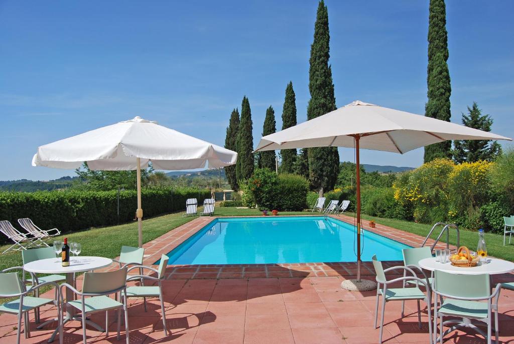 a pool with two tables and two umbrellas at Podere Remignoli in San Gimignano