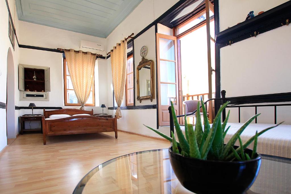 a bedroom with a bed and a table with a plant at Traditional Apartments Alexandra in Meyisti