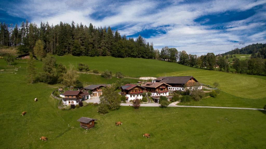 an aerial view of a large house in a green field at Ferienhof Leitengut in Altenmarkt im Pongau