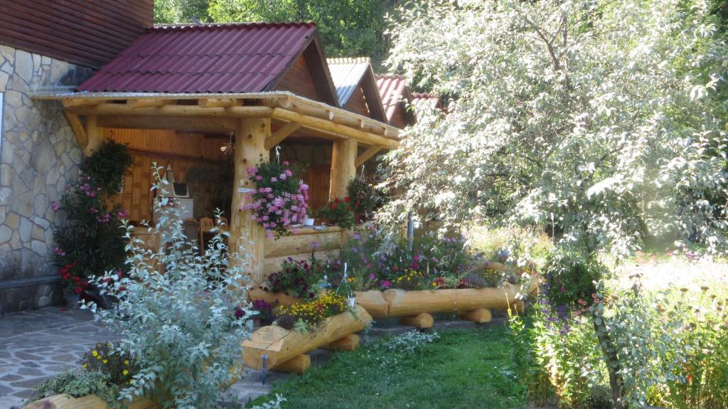 a garden in front of a wooden cabin with flowers at Pensiunea Poiana de Vis in Suceviţa