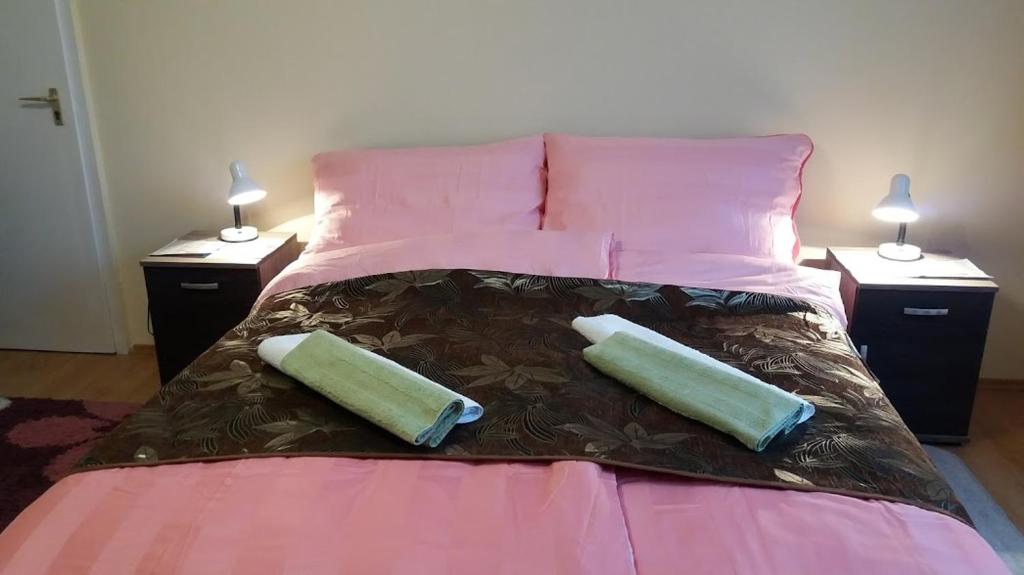 デブレツェンにあるVioletta apartmanのベッド1台(枕2つ、ランプ2つ付)