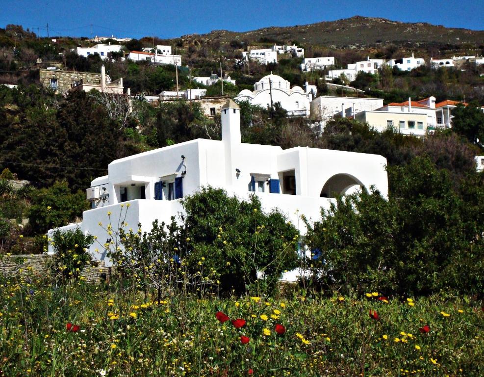 una casa blanca en una colina con un campo de flores en Green view village, en Pitrofós