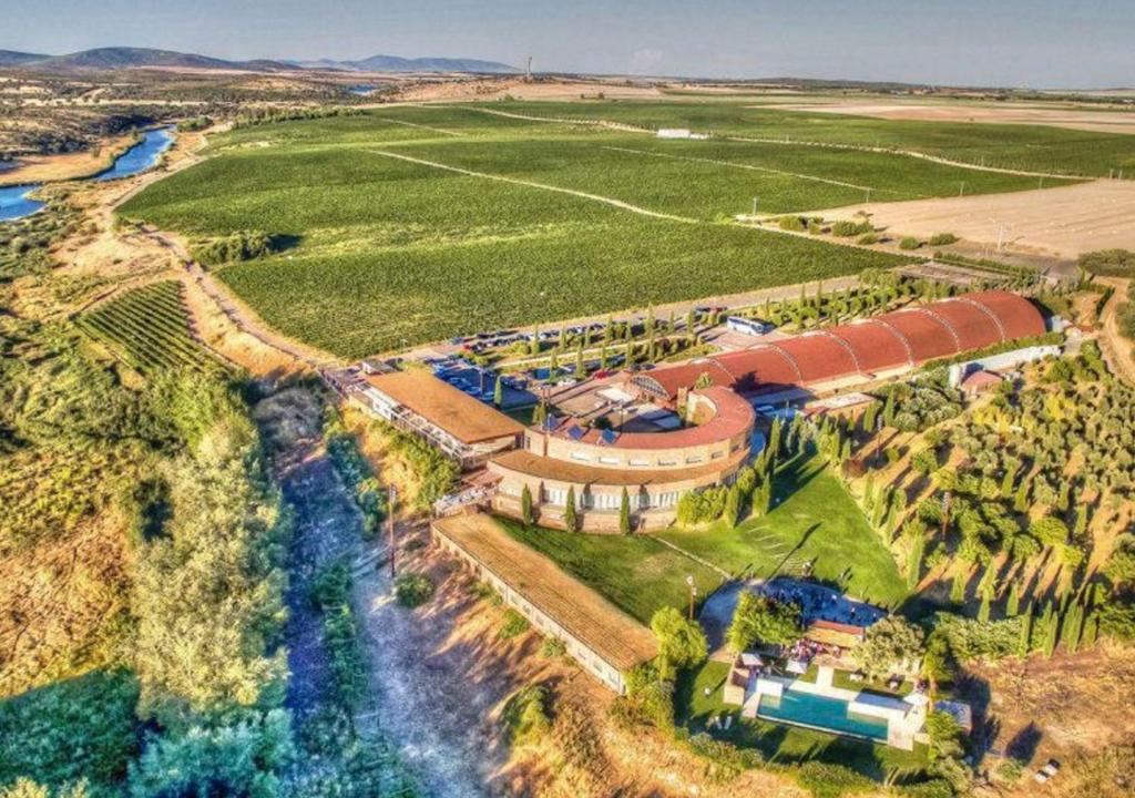 an aerial view of a mansion with a river at Hotel Bodega Pago del Vicario in Las Casas