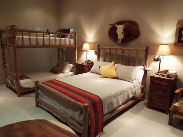 Hotel La Gaviota Tropical في بلايا هيرموسا: غرفة نوم بسريرين بطابقين ورأس بقر على الحائط