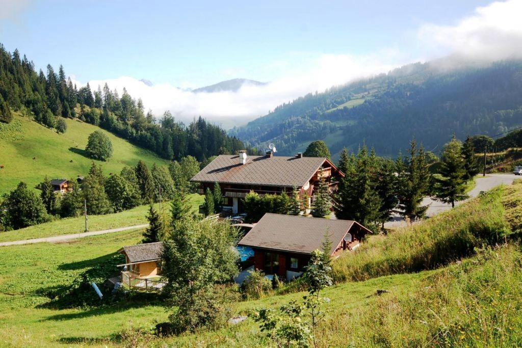 una casa in cima a una collina in un campo di Hôtel Chalet Alpage a La Clusaz