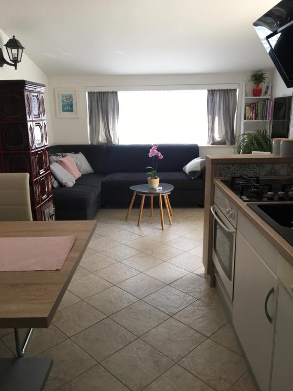 ein Wohnzimmer mit einem blauen Sofa und einem Tisch in der Unterkunft Bila lucica in Primošten