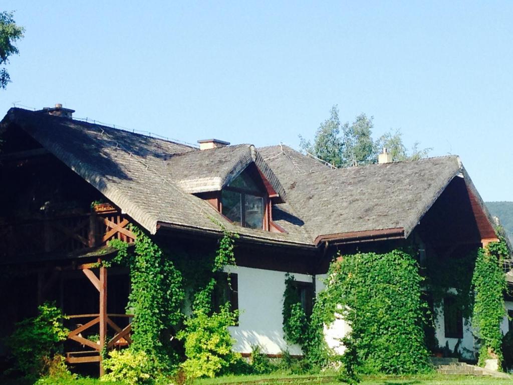 a house with a roof covered in vines at Modryna - Modrzewiowy Dom in Cisna