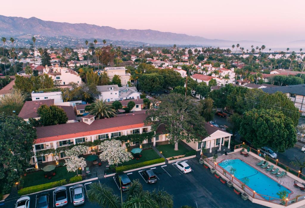 an aerial view of a house with a pool at Lavender Inn by the Sea in Santa Barbara