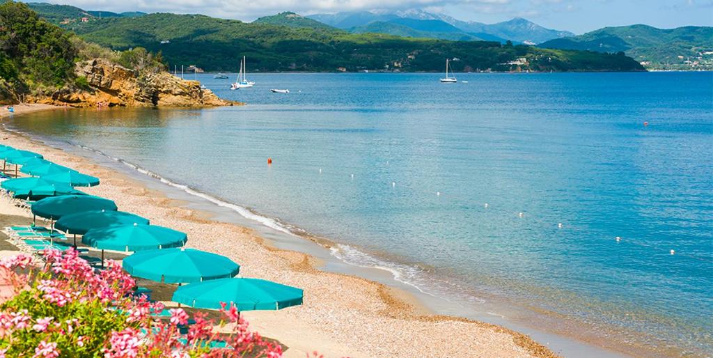 a beach with blue umbrellas and the water at Maisonette in Portoferraio