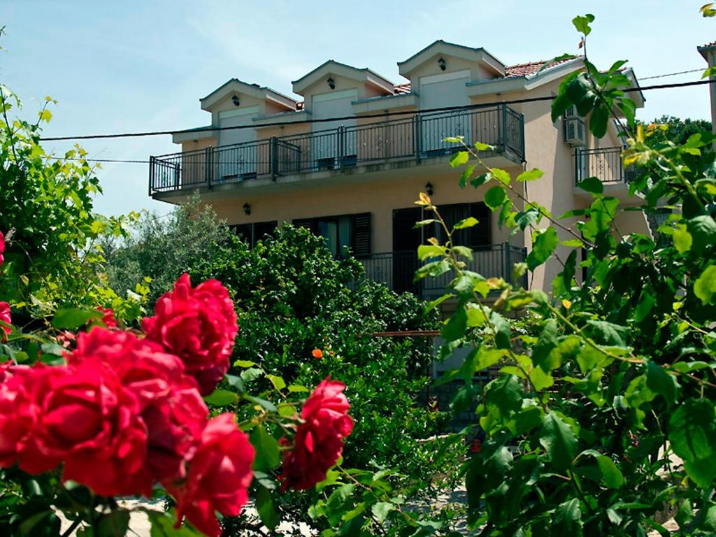 a house with red roses in front of it at Franić Baćina Lakes Apartments in Ploče