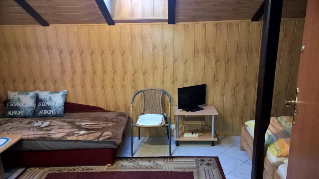 um quarto com uma cama e uma mesa com uma televisão em Apartament na Wrzosach em Toruń