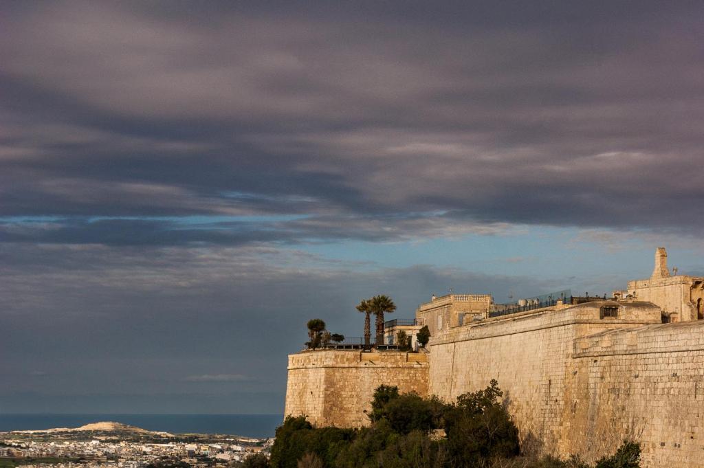 a castle with a tree on top of it at St. Agatha's Bastion in Mdina