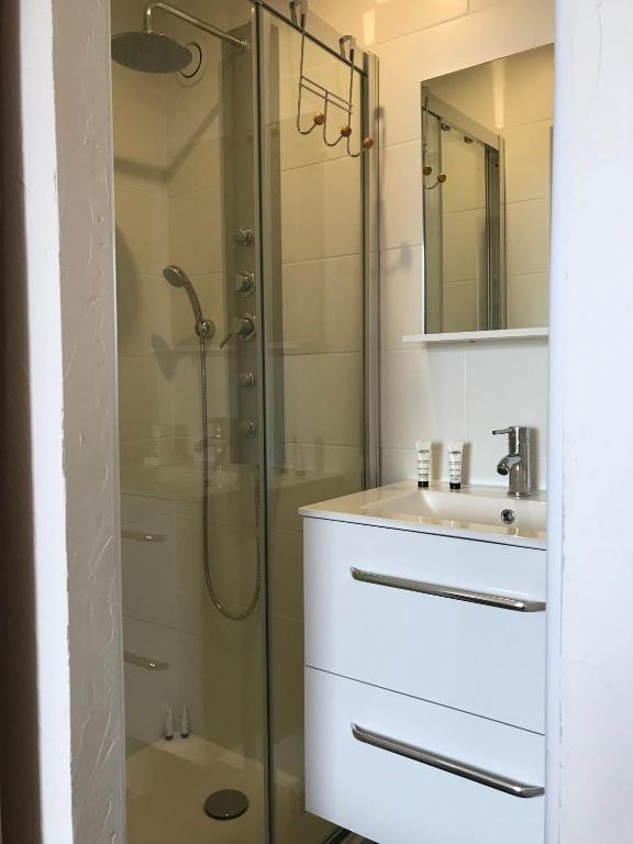 a bathroom with a shower and a sink at Residence port la galere in Théoule-sur-Mer