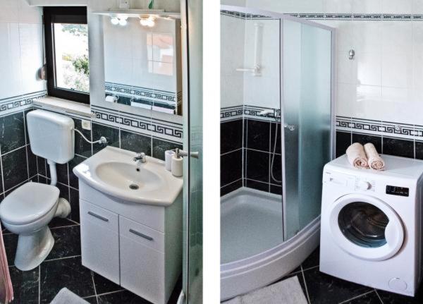 twee foto's van een badkamer met een wastafel en een wasmachine bij Vila Martin in Sevid