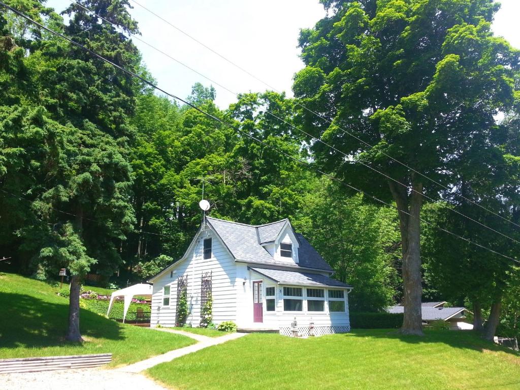 a small white house in a yard with trees at 2 bedroom Wiffen Cottage in Port Albert