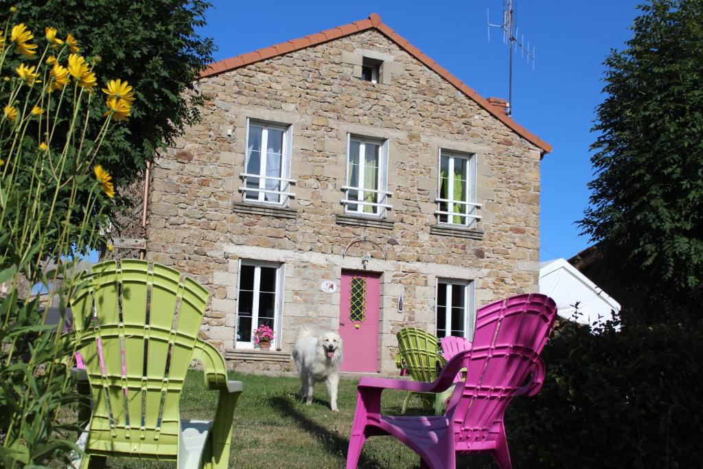 a dog standing in front of a house with two chairs at Les Cremades in Langogne