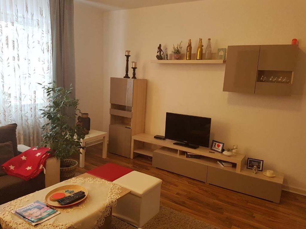 uma sala de estar com um sofá e uma televisão em Schöne Wohnungen in Essen em Essen