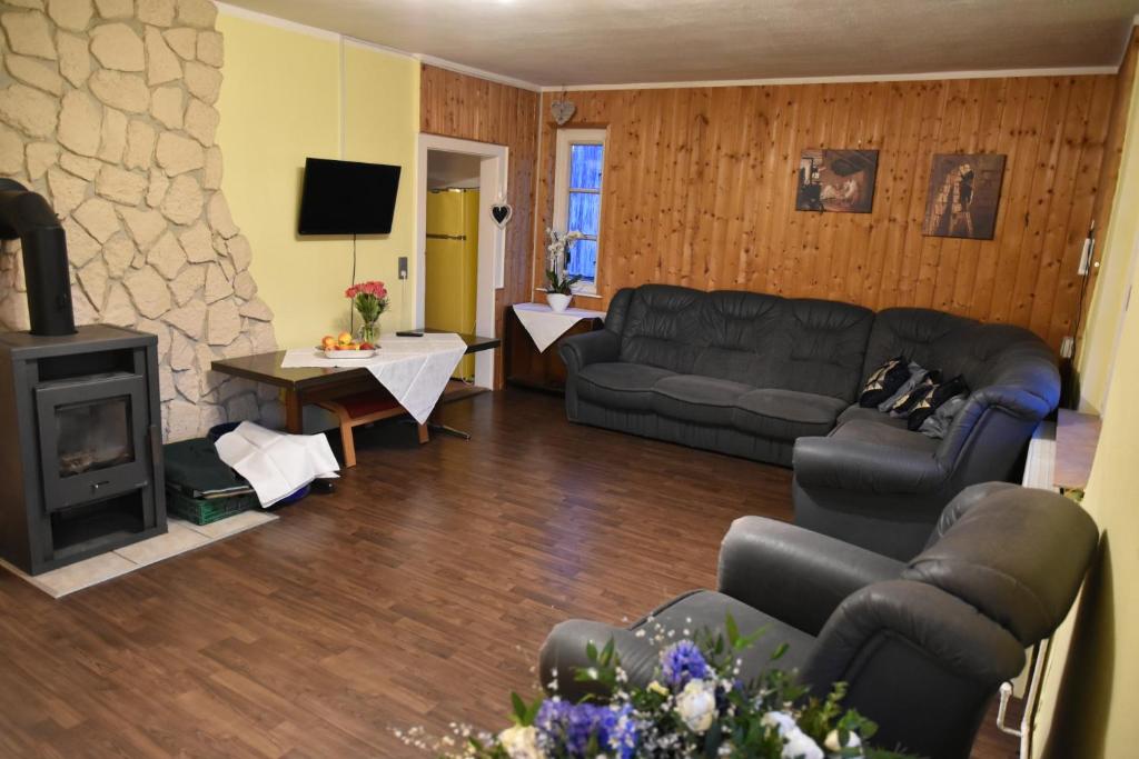 a living room with a couch and a fireplace at Ferienwohnung Domäne Süpplingenburg in Süpplingenburg