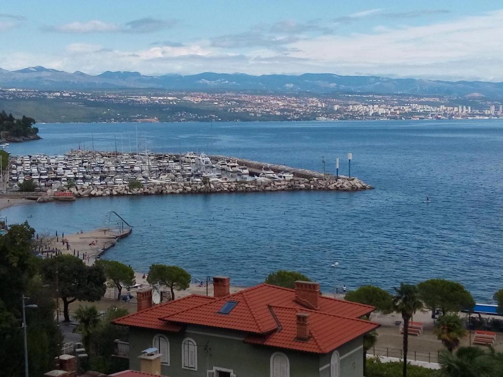 vista su una grande pozza d'acqua con un porto di Villa Zajednica a Ičići