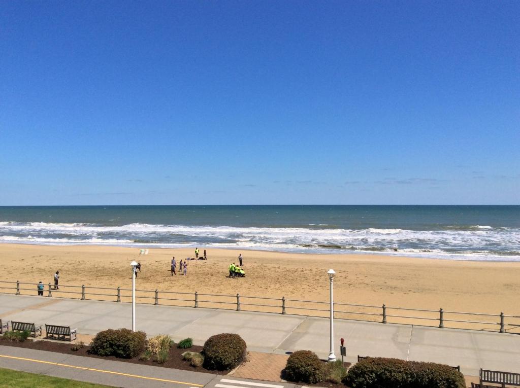 a beach with people on the sand and the ocean at Ocean's 24 in Virginia Beach