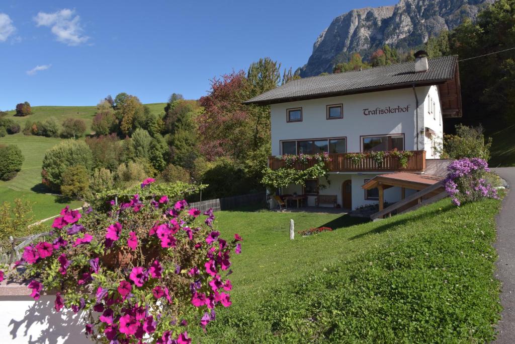 ein Haus in den Bergen mit Blumen im Vordergrund in der Unterkunft Trafisolerhof in Vols am Schlern