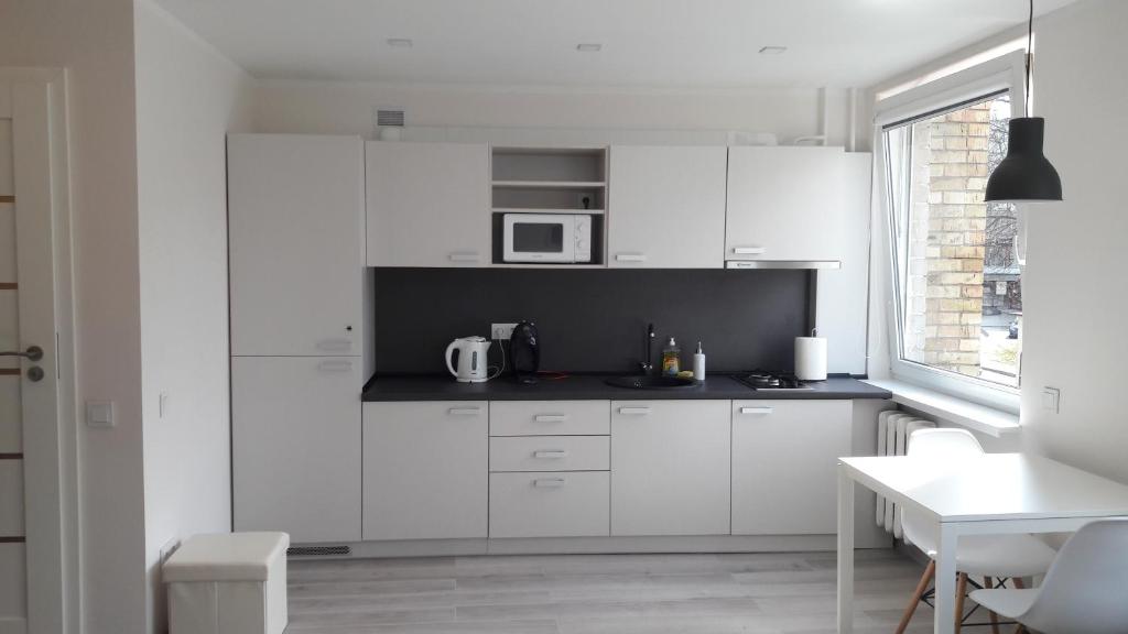 a white kitchen with white cabinets and a microwave at Anykščiai Center Apartment in Anykščiai