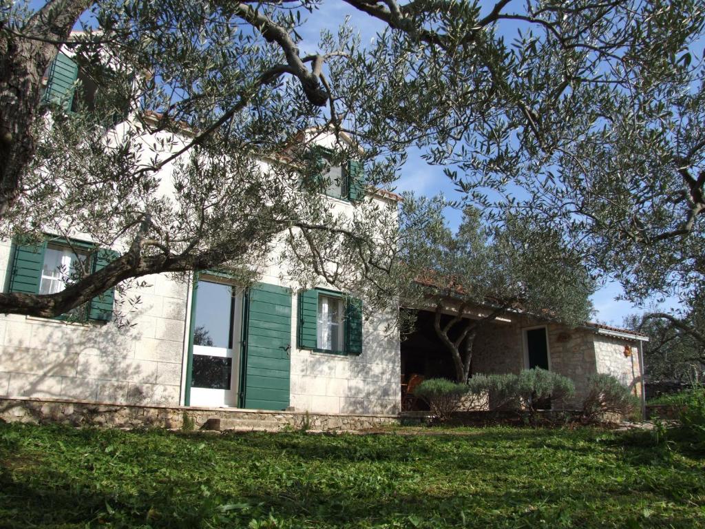 ein Haus mit grünen Rollläden und einem Baum in der Unterkunft Holiday Home Katia in Pučišća