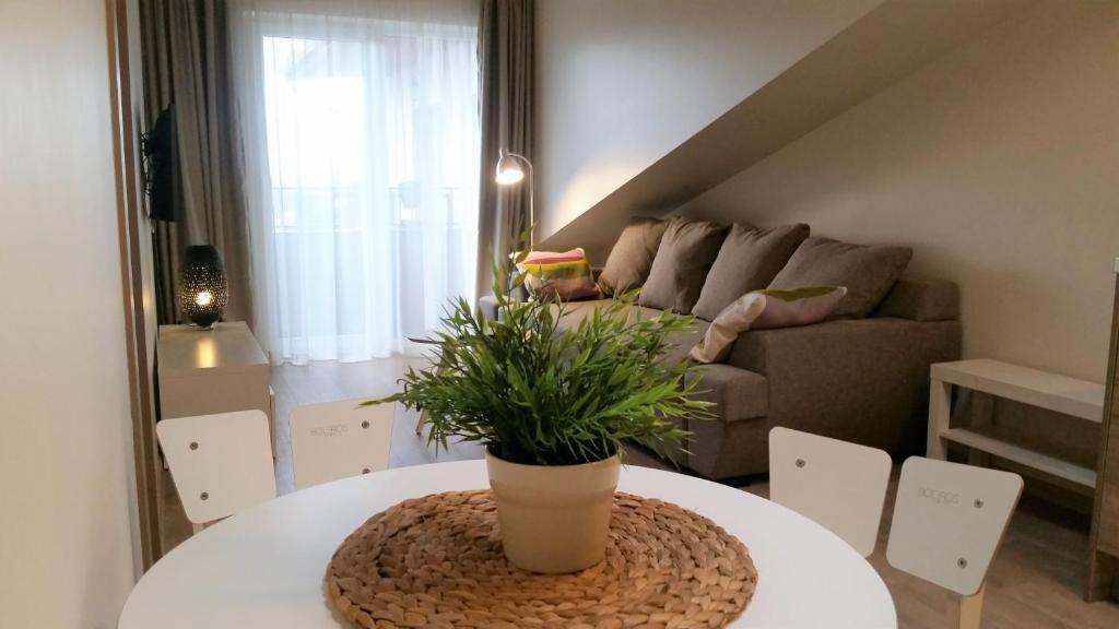 a living room with a table with a plant on it at Malūno Vilos apartamentai centre in Palanga