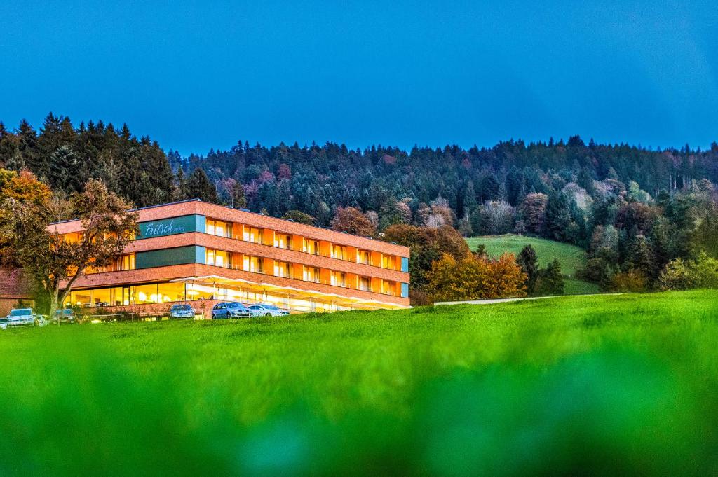 ein Gebäude auf einem Hügel mit einem grünen Feld in der Unterkunft Fritsch am Berg - Adults only in Lochau