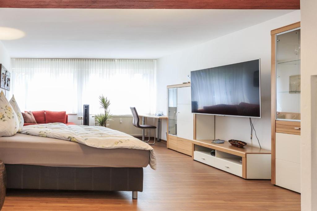 ein Schlafzimmer mit einem Bett und einem großen TV darauf in der Unterkunft Haus Pia Executive Apartments in Friedrichshafen