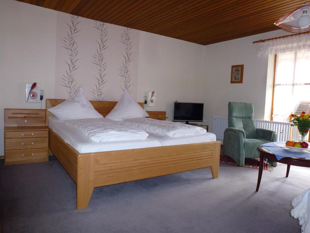 ein Schlafzimmer mit einem Bett, einem Stuhl und einem TV in der Unterkunft Ferienwohnungen Anneliese&Fritz Wagerer in Rimbach